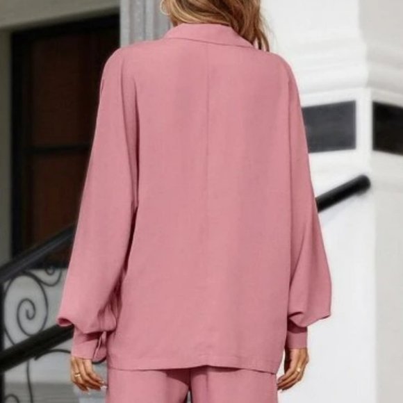 pink Lapel Neck Bishop Sleeve button Shirt & Pants set  Coord Set - Picture 7 of 12